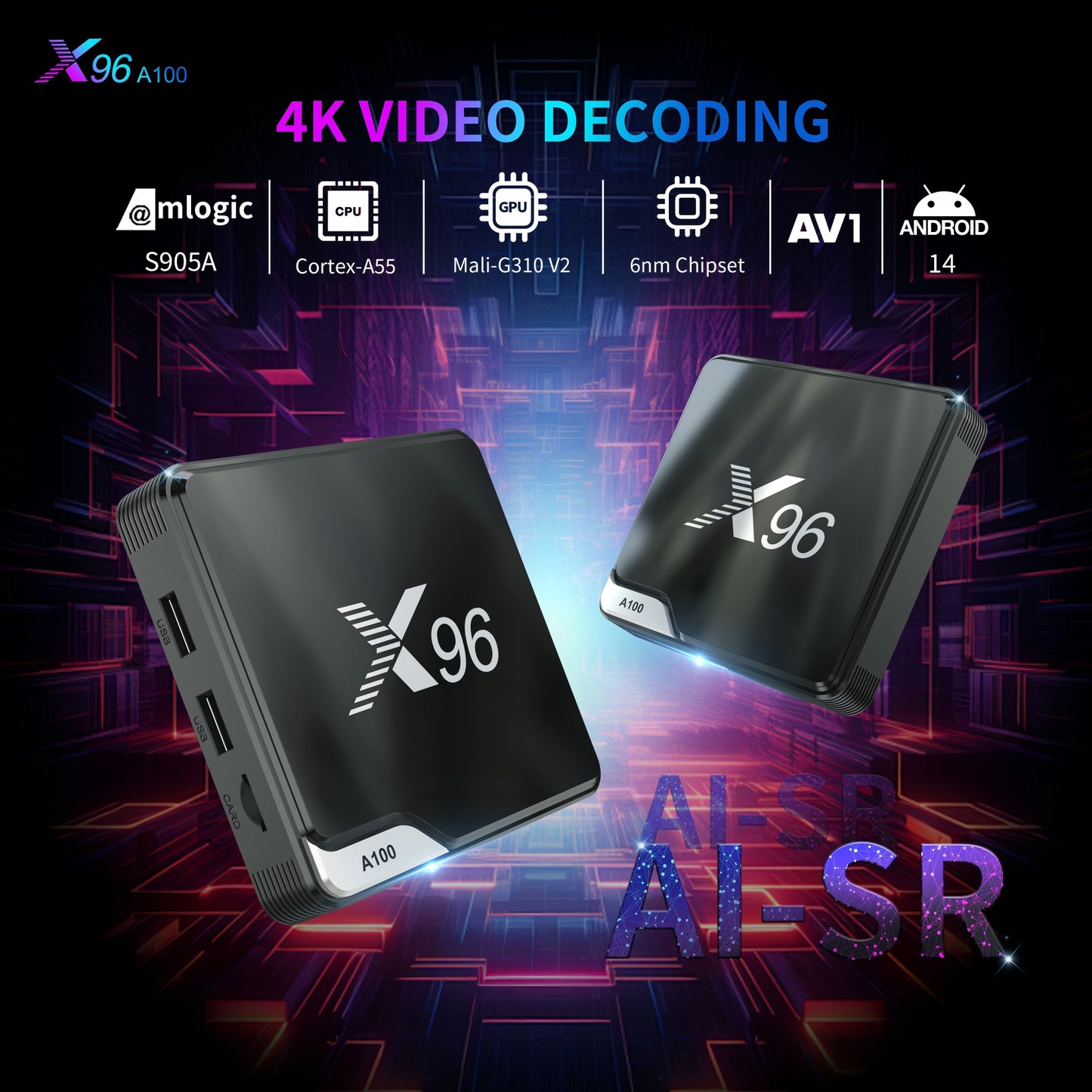 X96 A100 SET BOX Factory Amlogic S905A Android 14 2T2R WIFI 6 4K Android TV Box Big BT Rcu with Learning Function