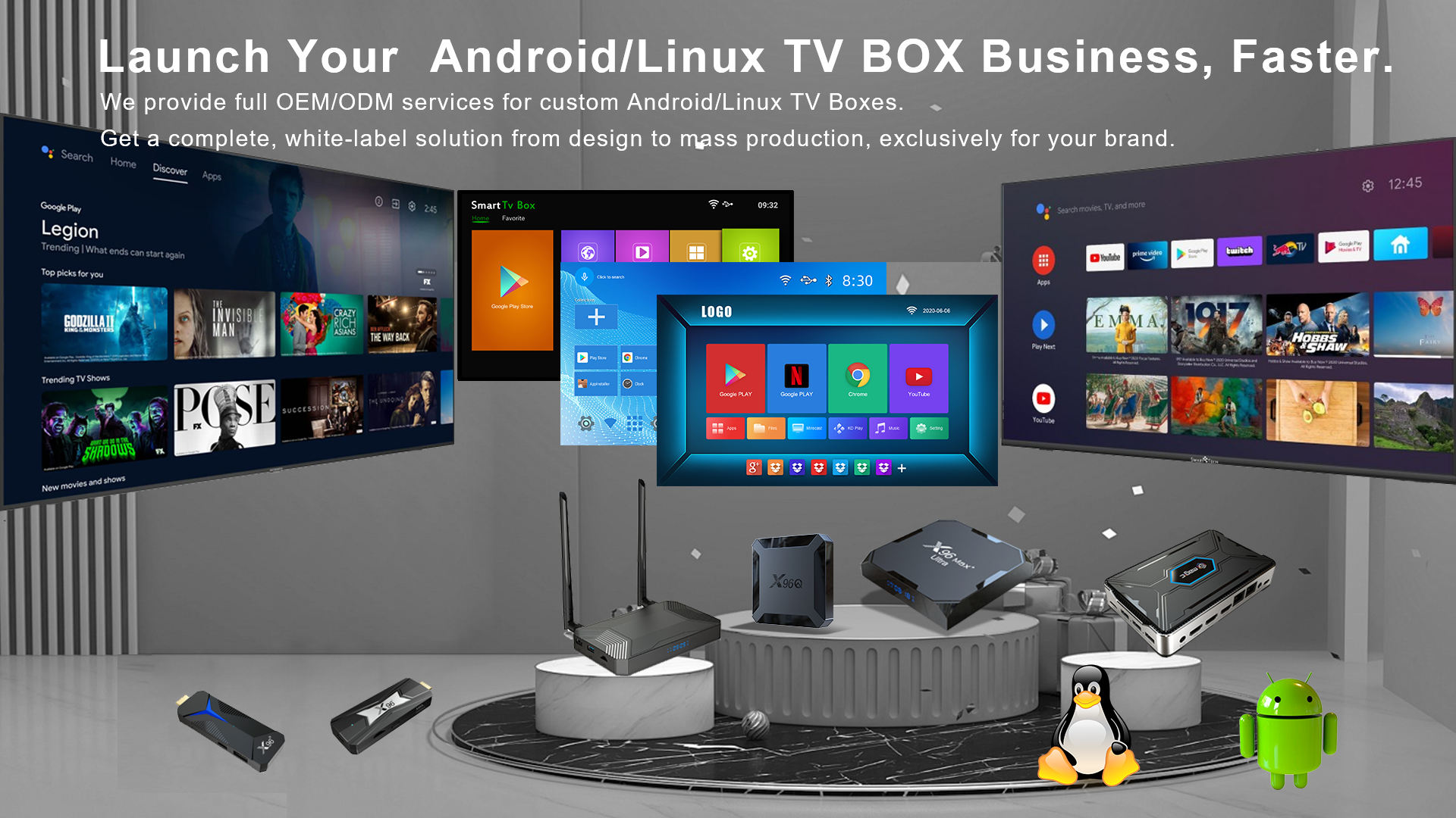 We provide full OEM/ODM services for custom Android/Linux TV Boxes. Get a complete, white-label solution from design to mass production, exclusively for your brand.
